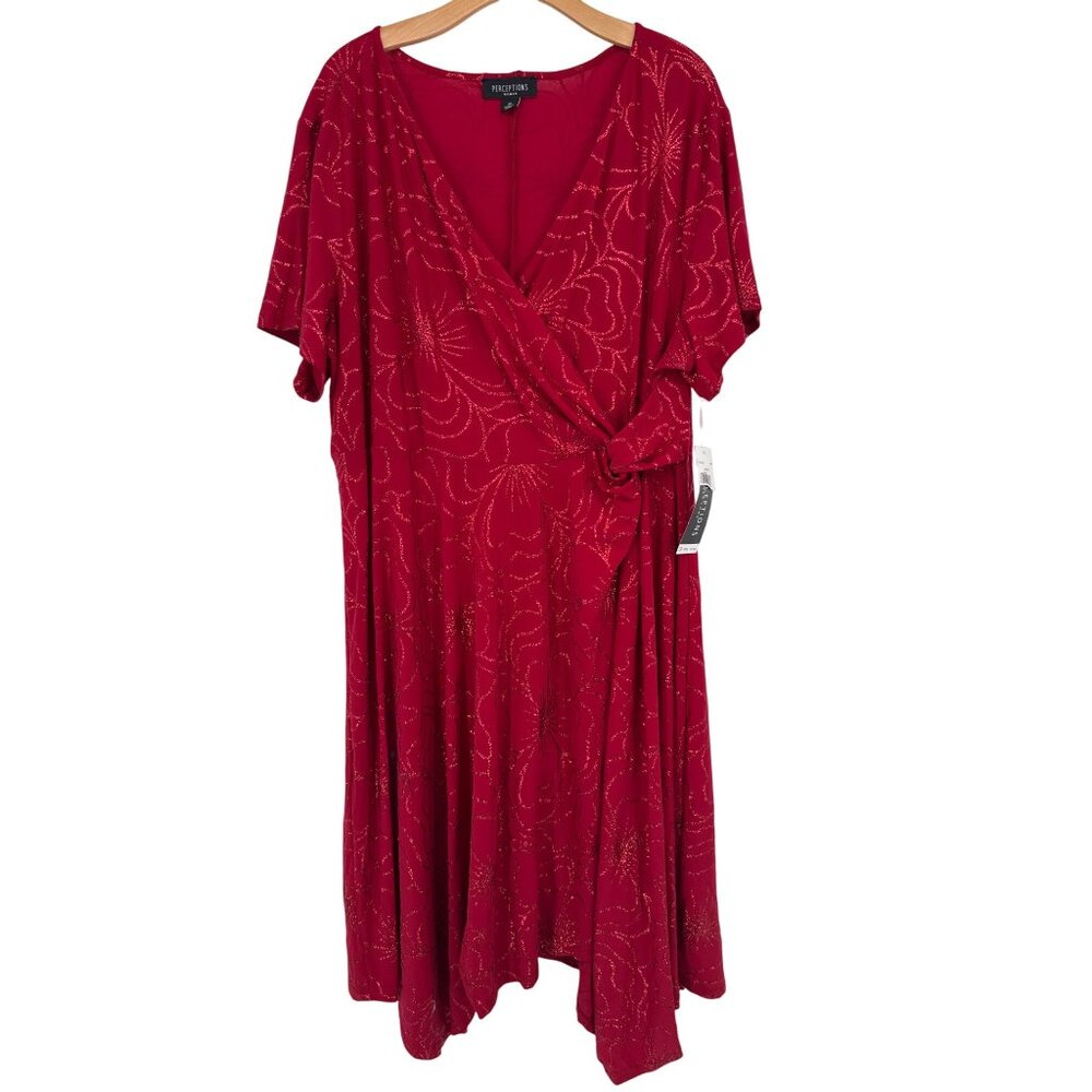 Perceptions Woman Red Glitter Floral faux Wrap Dress knit size 2X plus new $102